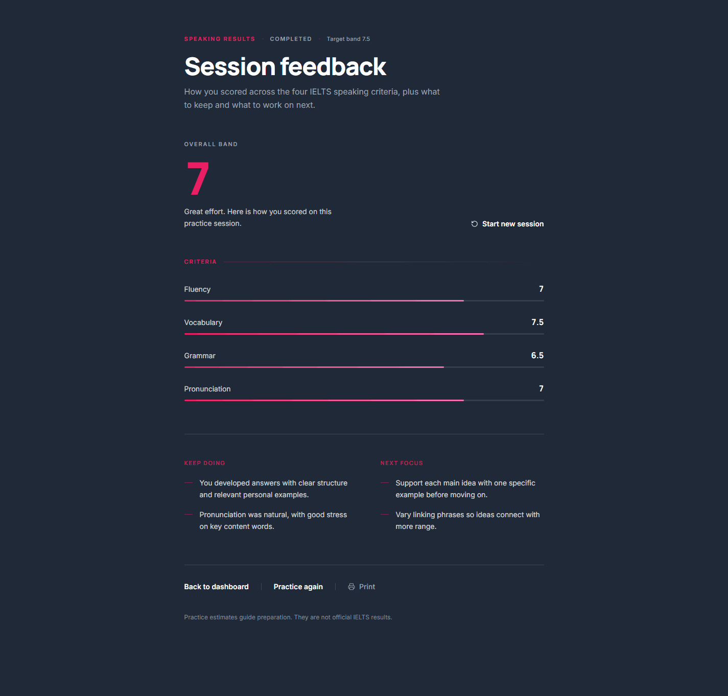 IELTSpeak session feedback with band score breakdown