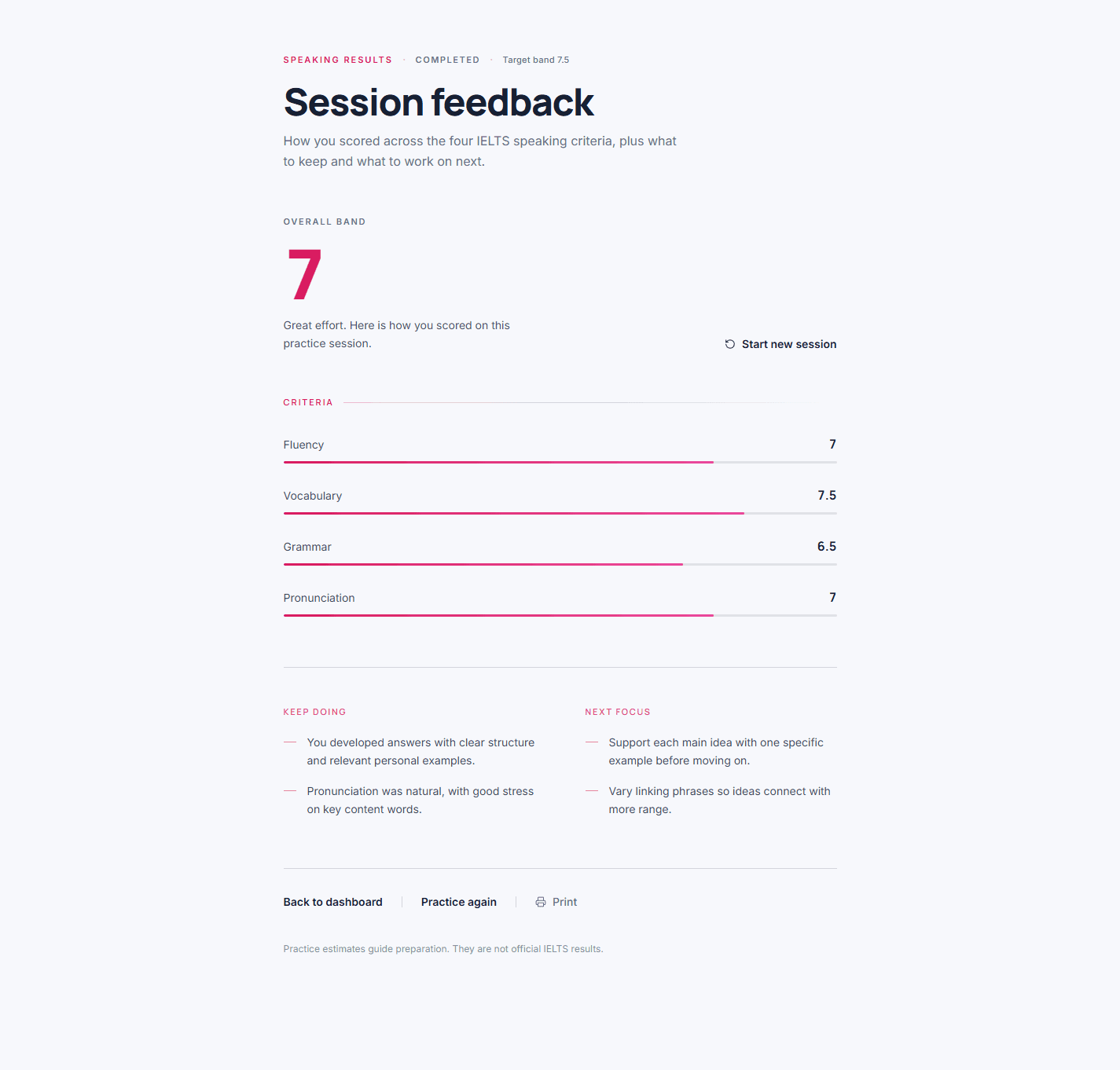 IELTSpeak session feedback with band score breakdown