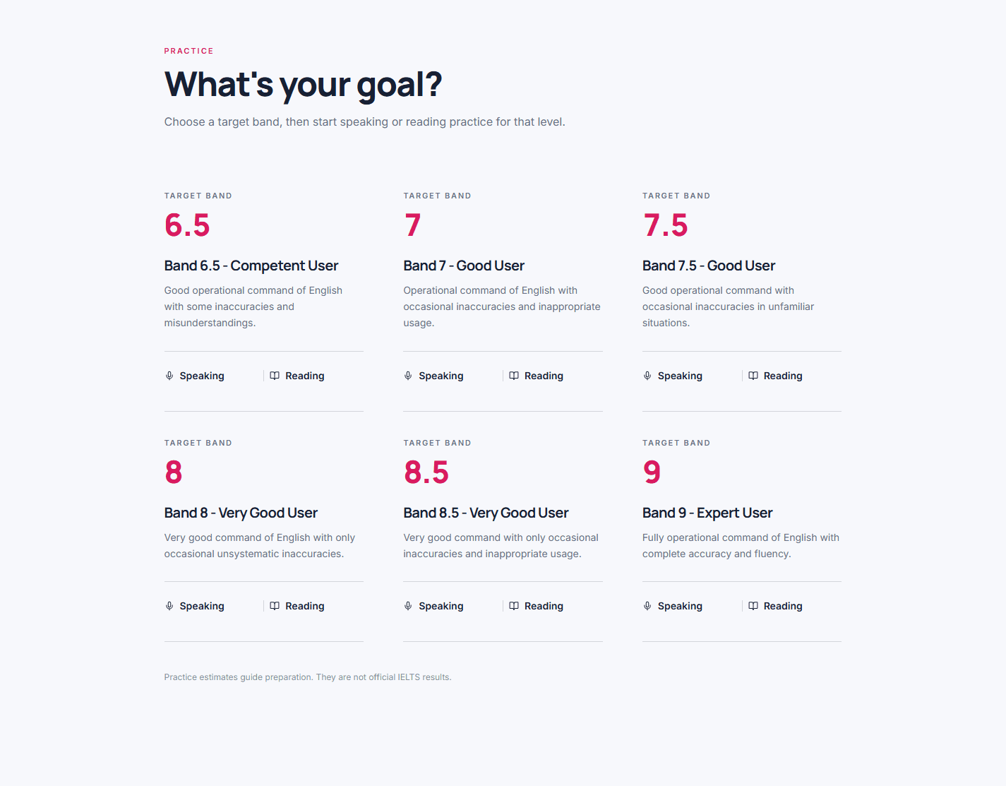 IELTSpeak target band selection screen