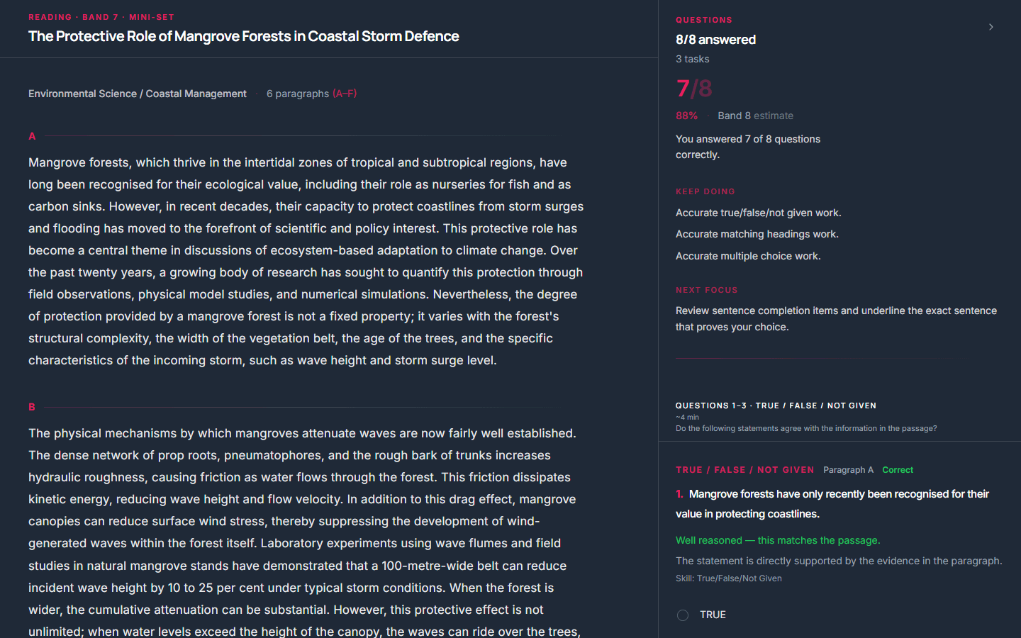 IELTSpeak Academic Reading result with score, band estimate, and answer review