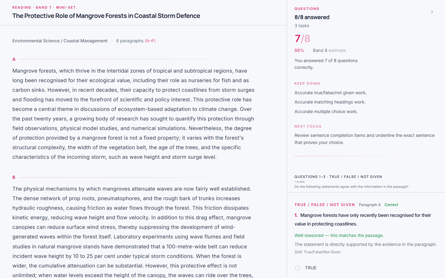 IELTSpeak Academic Reading result with score, band estimate, and answer review